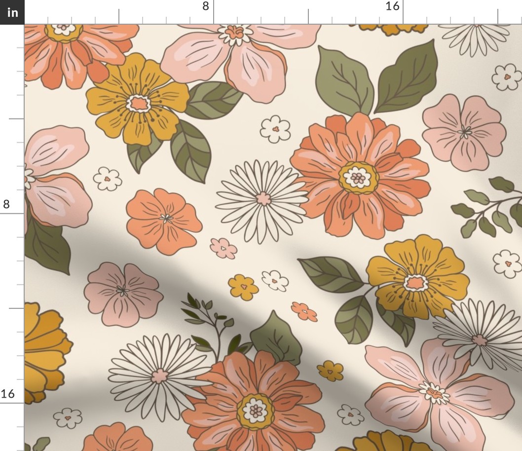 XL Retro Flowers – 1960s and 1970's Floral, mustard pink and orange flowers (24" repeat- flw20)
