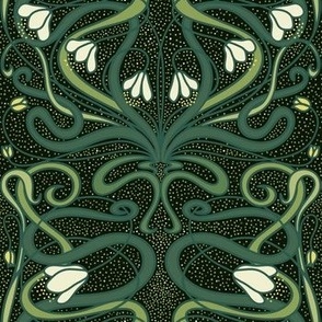 Art nouveau white flowers teal and black