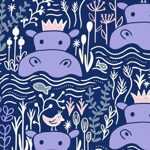 Hippo swimmers periwinkle dark wallpaper scale