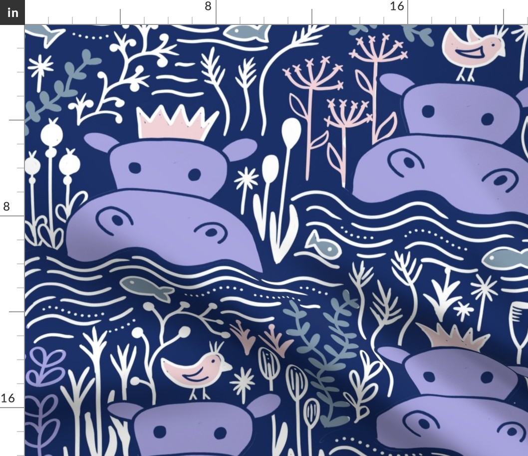 Hippo swimmers periwinkle dark wallpaper scale