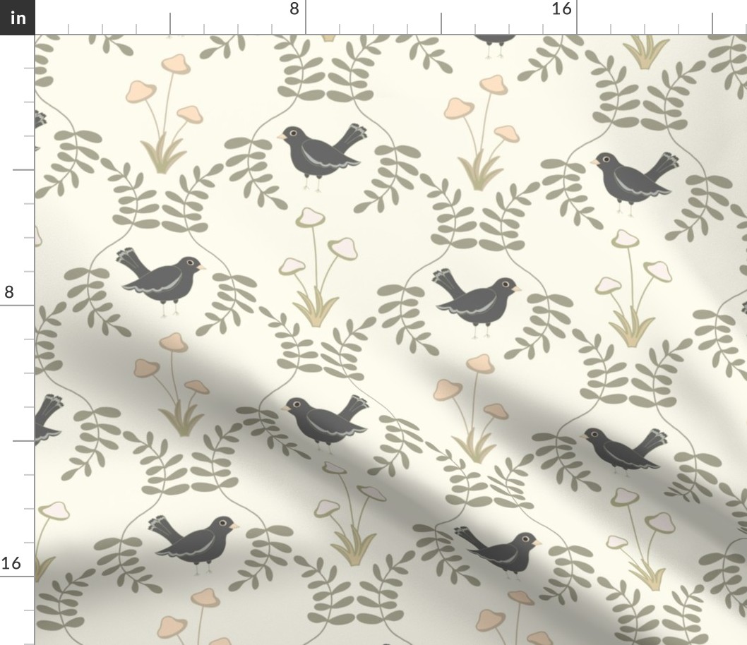 New Forest Blackbirds, Toadstools and Ferns in Cream
