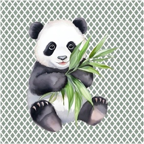 18x18 Panel Panda Bear on Soft Sage Lattice Cut and Sew Lovey or Pillow Nursery Coordinate