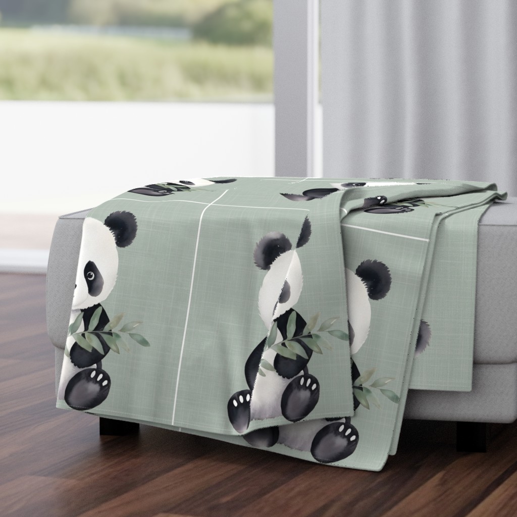 18x18 Panel Panda Bear on Soft Sage Crosshatch Cut and Sew Lovey or Pillow Nursery Coordinate