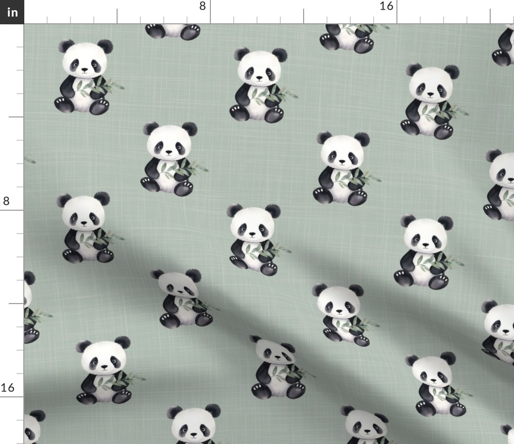 Bigger Baby Panda Bears on Soft Sage Crosshatch