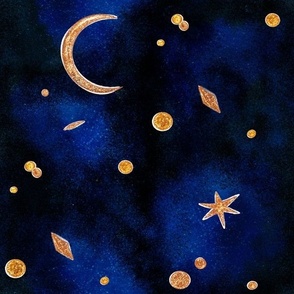 Stars and Moon | Large Version | Navy and gold glitter Moon and stars Watercolor Print