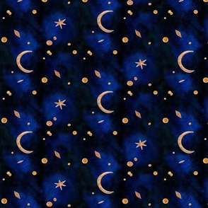 Stars and Moon | Medium Version | Navy and gold glitter Moon and stars Watercolor Print