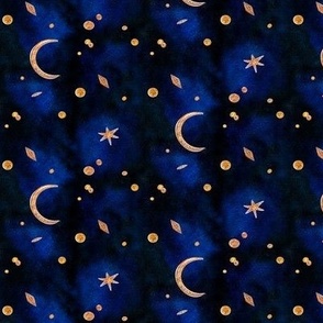Stars and Moon | Small Version | Navy and gold glitter Moon and stars Watercolor Print