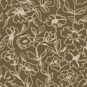 Flower Outlines in Creamy Natural  - Botanical flowers and  leaves on brown canvas - medium size