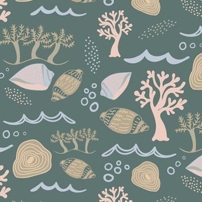 Sea Life Coral and Shells in Seaweed Green