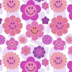 Groovy Smiling Flowers - 70s, Retro - Pink, Purple