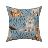 Medium - Sweet Kitty Pals - On Blue with Leaves
