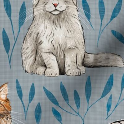 Medium - Sweet Kitty Pals - On Blue with Leaves