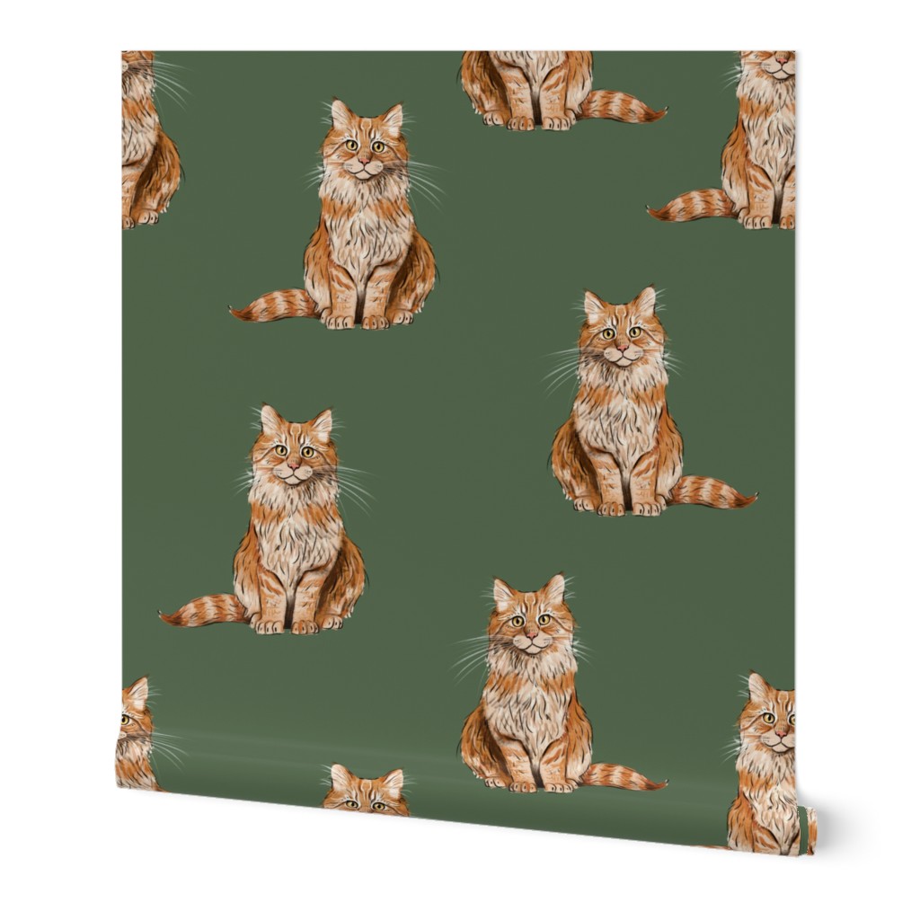 Large - Orange Cats  on Green - Sweet Kitties