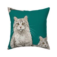 Large - Grey and White Cats  on Teal - Sweet Kitties