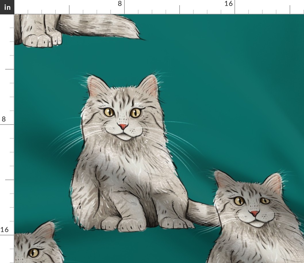 Large - Grey and White Cats  on Teal - Sweet Kitties