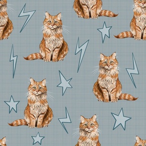 Medium - Sweet Kitties - Orange Cats with Stars and Lightning Bolts on Blue Linen