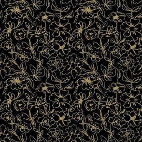 Sketched Flower in Black and Tan Botanical - Textured weave - dramatic - midnight black 