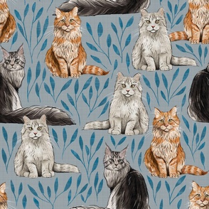Large - Sweet Kitty Pals - On Blue with Leaves