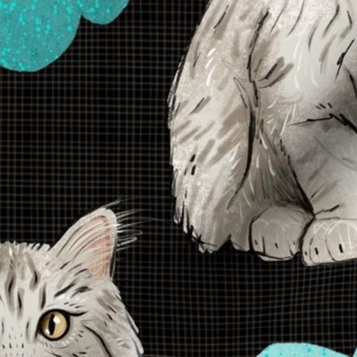 Large - Sweet Kitties - Grey and White Cats with Rainbows, Clouds, and Sunshine on Blackboard