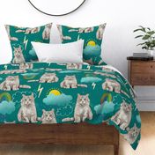 Large - Sweet Kitties - Grey and White Cats with Rainbows, Clouds, and Sunshine on Teal