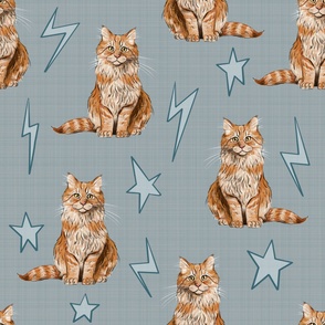 Large - Sweet Kitties - Orange Cats with Stars and Lightning Bolts on Blue Linen