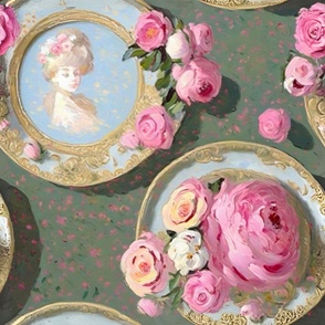 Rococo antique Roses and Marie Antoinette plates painted on grey with pink dots