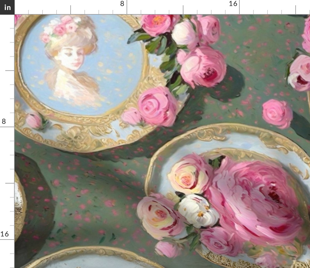 Rococo antique Roses and Marie Antoinette plates painted on grey with pink dots