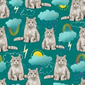 Small - Sweet Kitties - Grey and White Cats with Rainbows, Clouds, and Sunshine on Teal