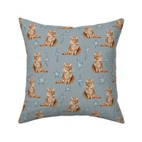 Small - Sweet Kitties - Orange Cats with Stars and Lightning Bolts on Blue Linen