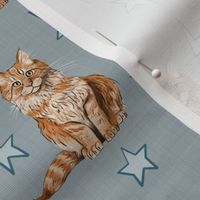 Small - Sweet Kitties - Orange Cats with Stars and Lightning Bolts on Blue Linen