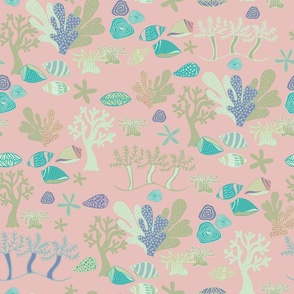 Sea Life Underwater Coral and Shells in Pastel Pink