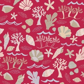 Sea Life Underwater Coral and Shells in Viva Magenta
