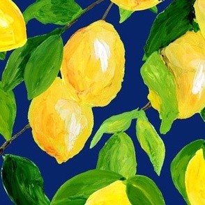 Hand Painted Lemons on Dark Blue Ground, yellow and green_Bloomwild Design