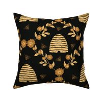 Gold Honey bees and beehives | Large Version | gold, black and yellow bee and beehive insect print