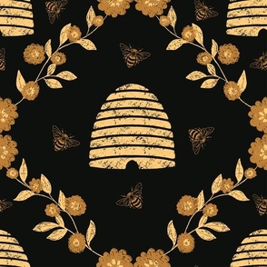 Gold Honey bees and beehives | Large Version | gold, black and yellow bee and beehive insect print