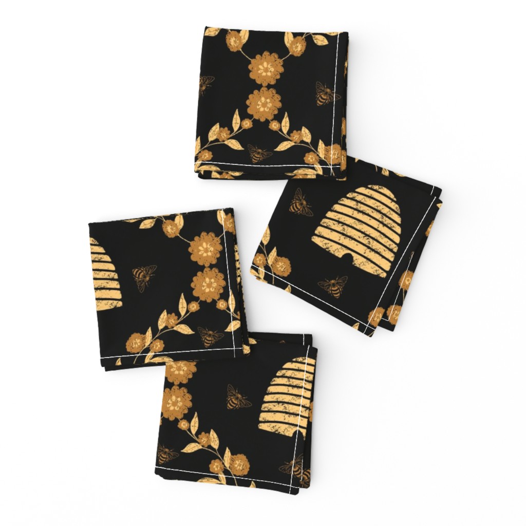 Gold Honeybees and beehives | Medium Version | gold, black and yellow bee insect print