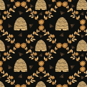 Gold Honeybees and beehives | Medium Version | gold, black and yellow bee insect print