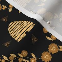 Gold Honeybees and beehives | Small Version | gold, black and yellow bees and behives insect print
