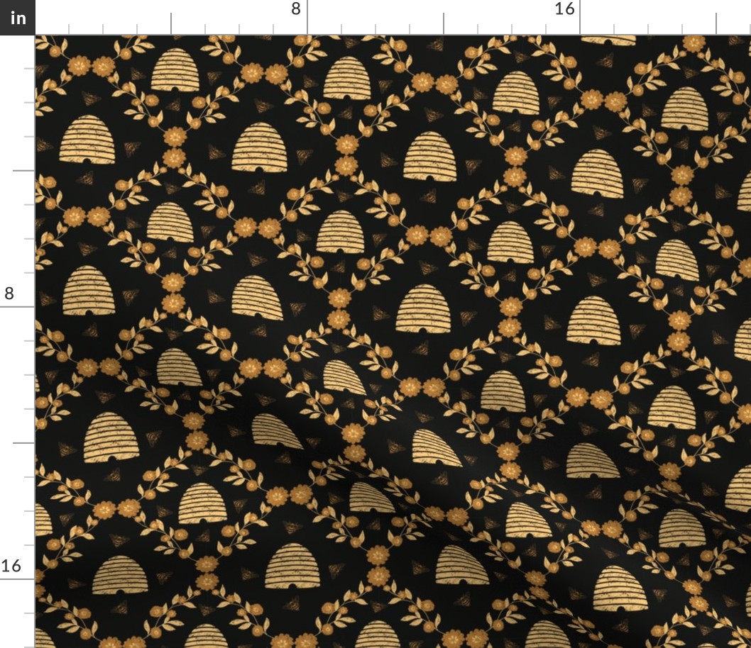 Gold Honeybees and beehives | Small Version | gold, black and yellow bees and behives insect print