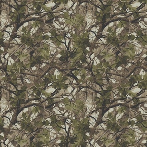 Woodland Camouflage Seamless Pattern with Twisted Branches and Foliage