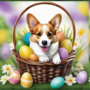 Corgi Easter Basket with pastel eggs  and daffodil 16x18  dog 