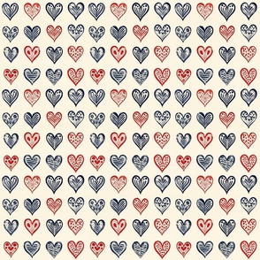 Folk Art Hearts Seamless Pattern in Americana Red and Blue