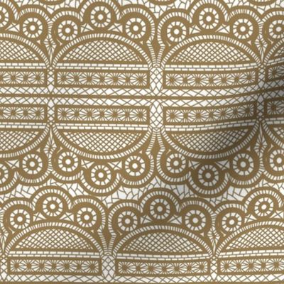 Triple Scalloped Allover Lace in Coffee Brown on White