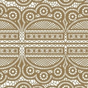 Triple Scalloped Allover Lace in Coffee Brown on White