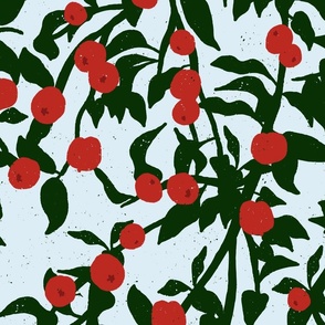 Food Forest Wallpaper - Graceful Draping Apple Tree Branches - Poppy Red, Deep Forest Green, Pastel Blue