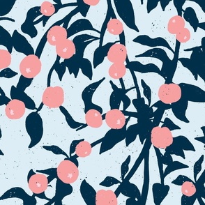 Food Forest Wallpaper - Graceful Draping Apple Tree Branches - Medium Coral Pink, Deep Forest Green, Pastel Blue
