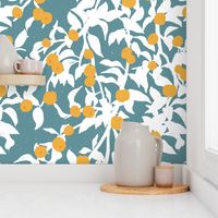 Food Forest Wallpaper - Botanical Orange Grove - White, Bright Jonquil Gold, and Teal Blue