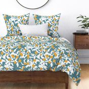 Food Forest Wallpaper - Botanical Orange Grove - White, Bright Jonquil Gold, and Teal Blue