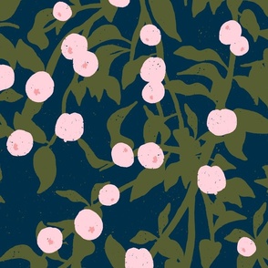 Food Forest Wallpaper - Graceful Draping Apple Tree Branches - Blush Pink, Retro Deep Christmas Green, Navy Blue Denim
