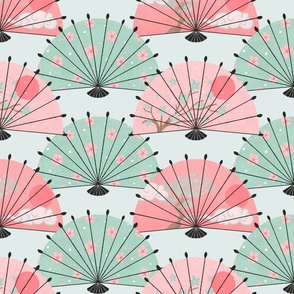 Japanese folding fans - pastel mint and pink - large scale